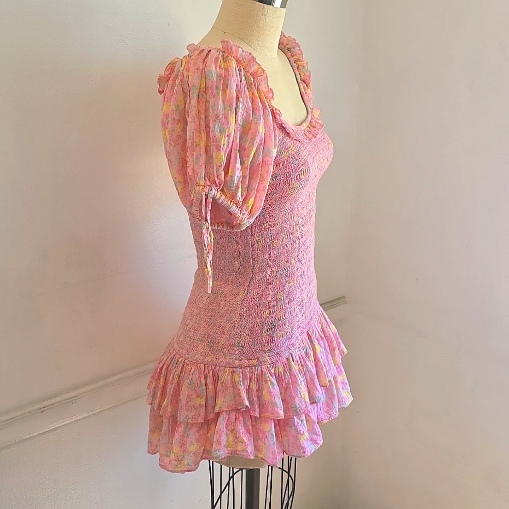 LoveShackFancy Pink Floral Smocked Mini Dress - Picture 6 of 13